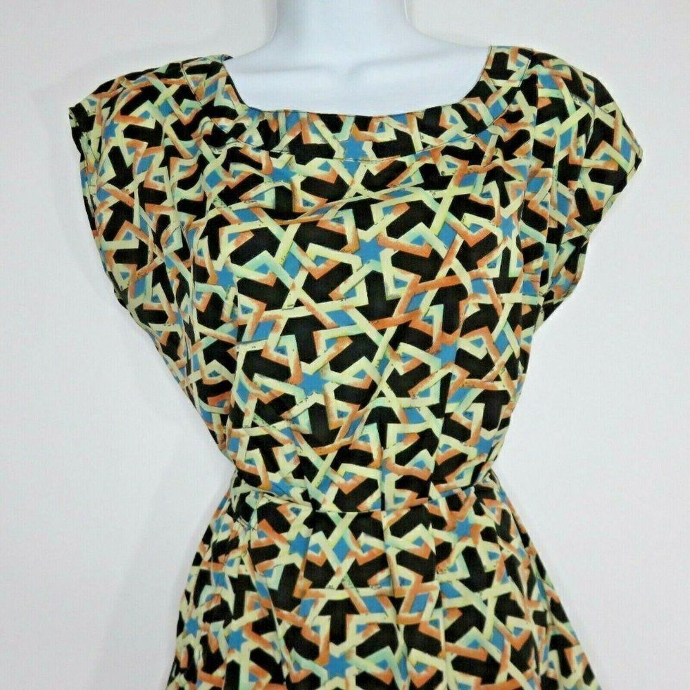 Feathers Brand Dress M Geometric Tie Waist Pockets Orange Blue Black Arrows